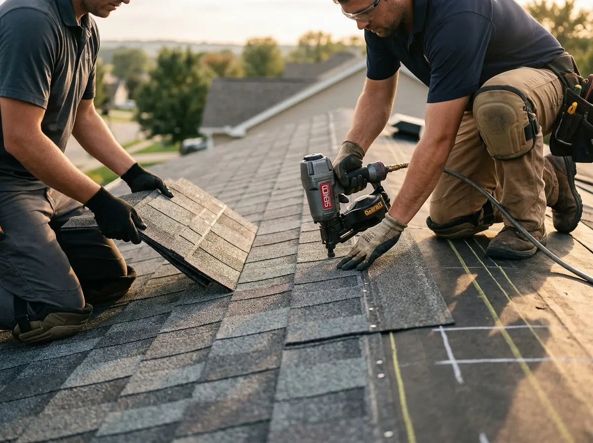 Professional roofer working on a residential roof in Southside